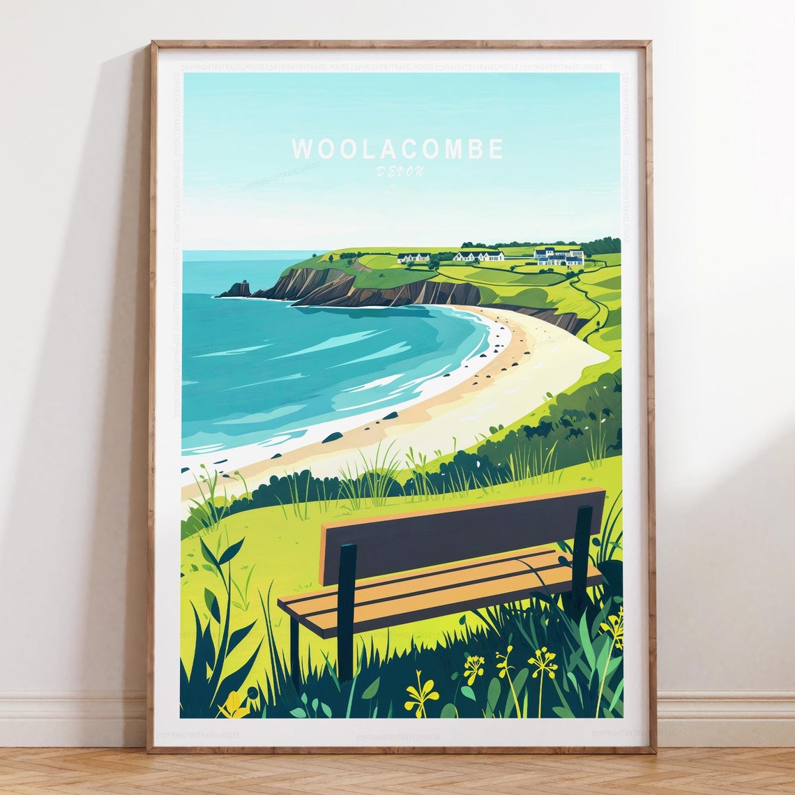 Woolacombe Devon Scenic Bay View Bench Travel Poster Illustration
