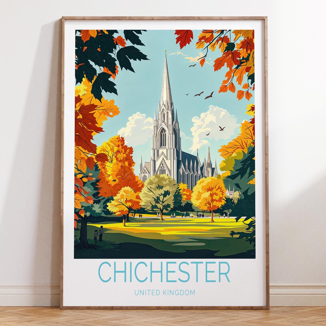 Chichester Cathedral United Kingdom Autumn Park Retro Travel Poster