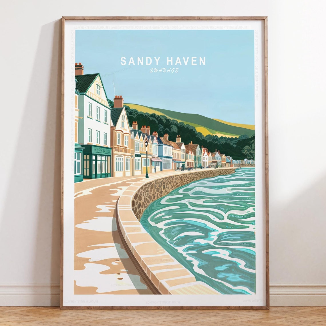 Sandy Haven Swanage Poster With Sky Title Seaside Promenade View