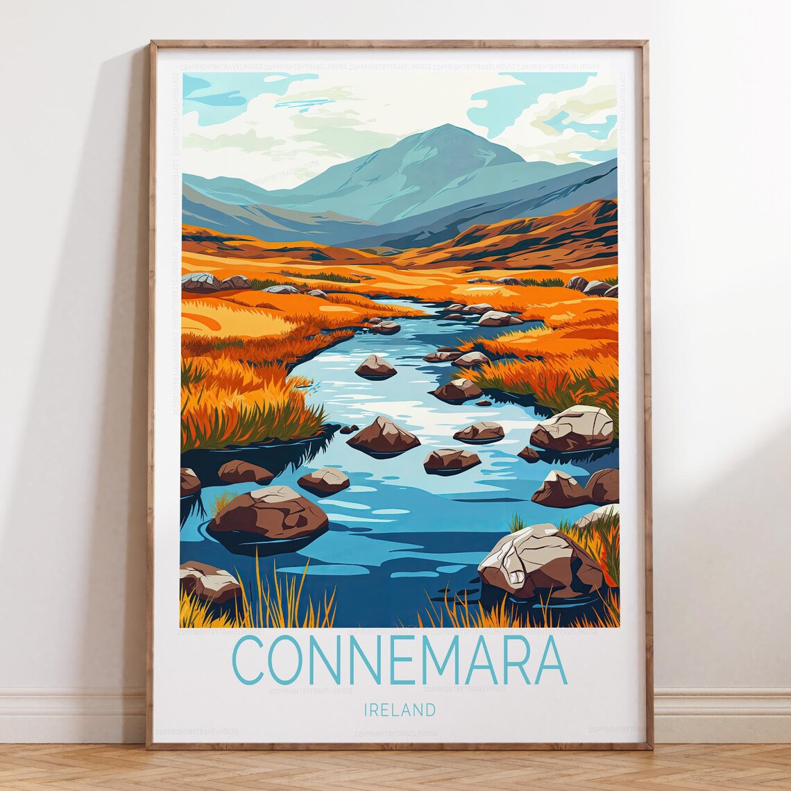 Vibrant Connemara Ireland Rocky Stream Golden Moor Landscape Poster