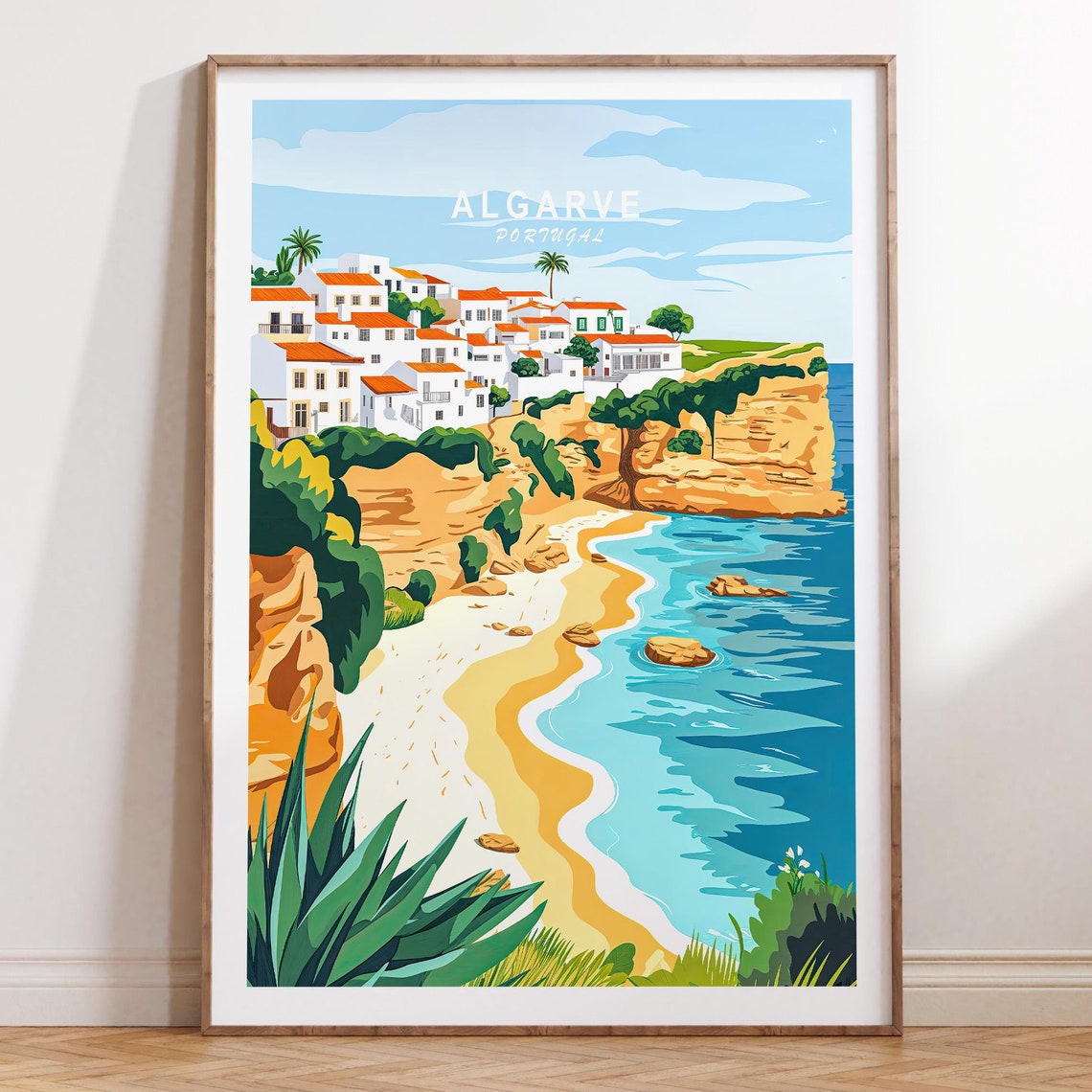 Algarve Portugal Travel Poster With Cliffs Beach And White Village