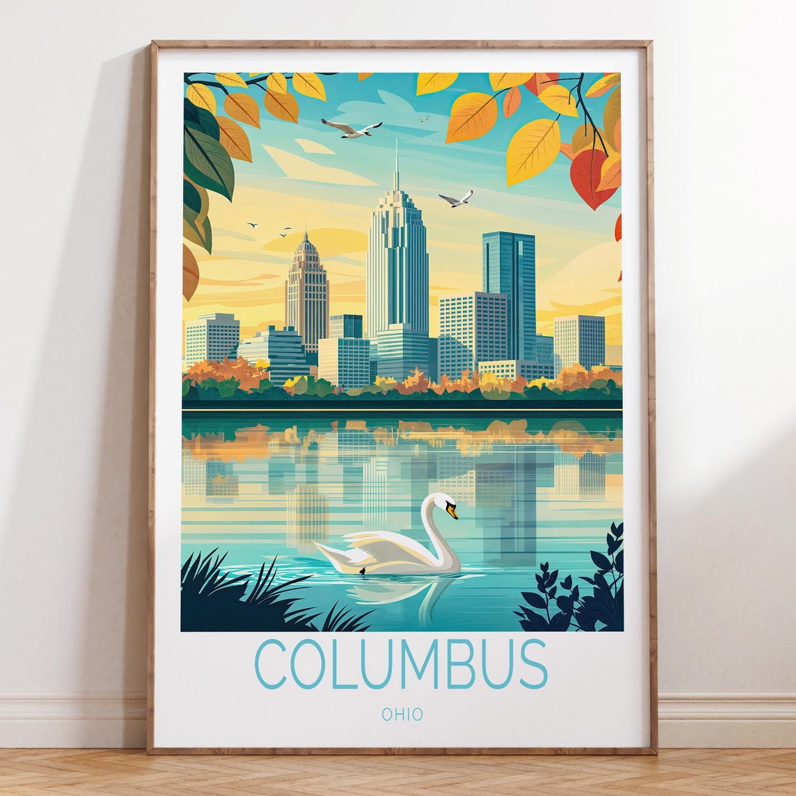 Columbus Ohio Skyline Swan Lake Reflection Retro Travel Poster