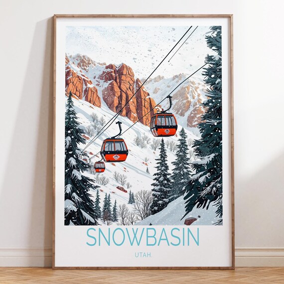 Snowbasin Utah Ski Resort Gondolas Vintage Winter Travel Poster Art