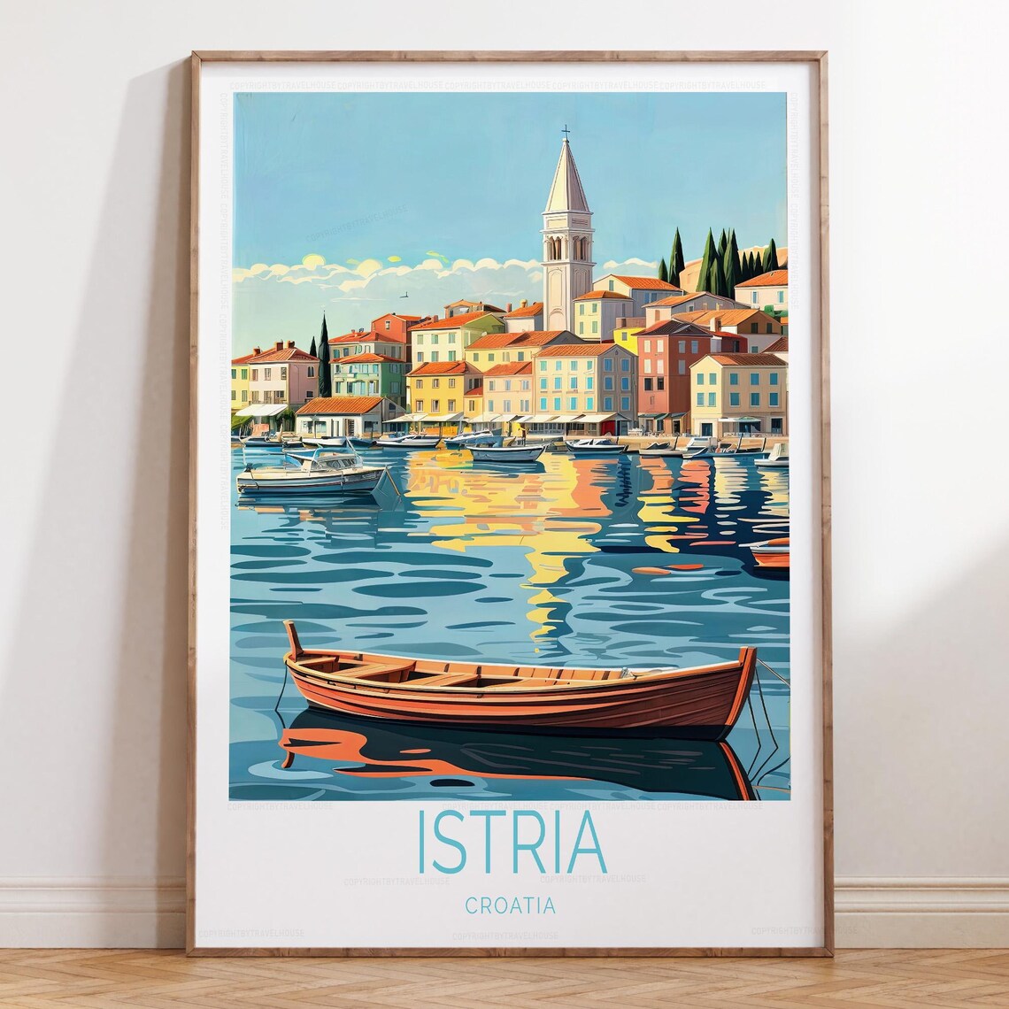 Istria Croatia Harbor Travel Poster Wooden Boat Coastal Town Art