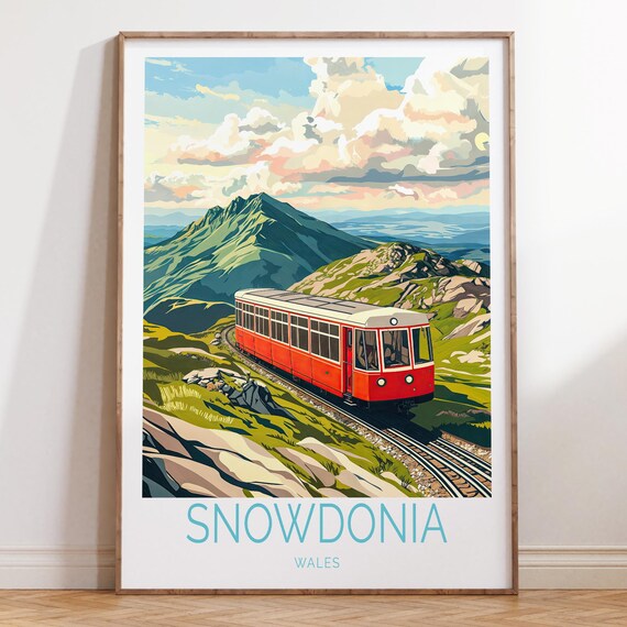 Snowdonia Wales Mountain Railway Red Train Scenic Travel Poster