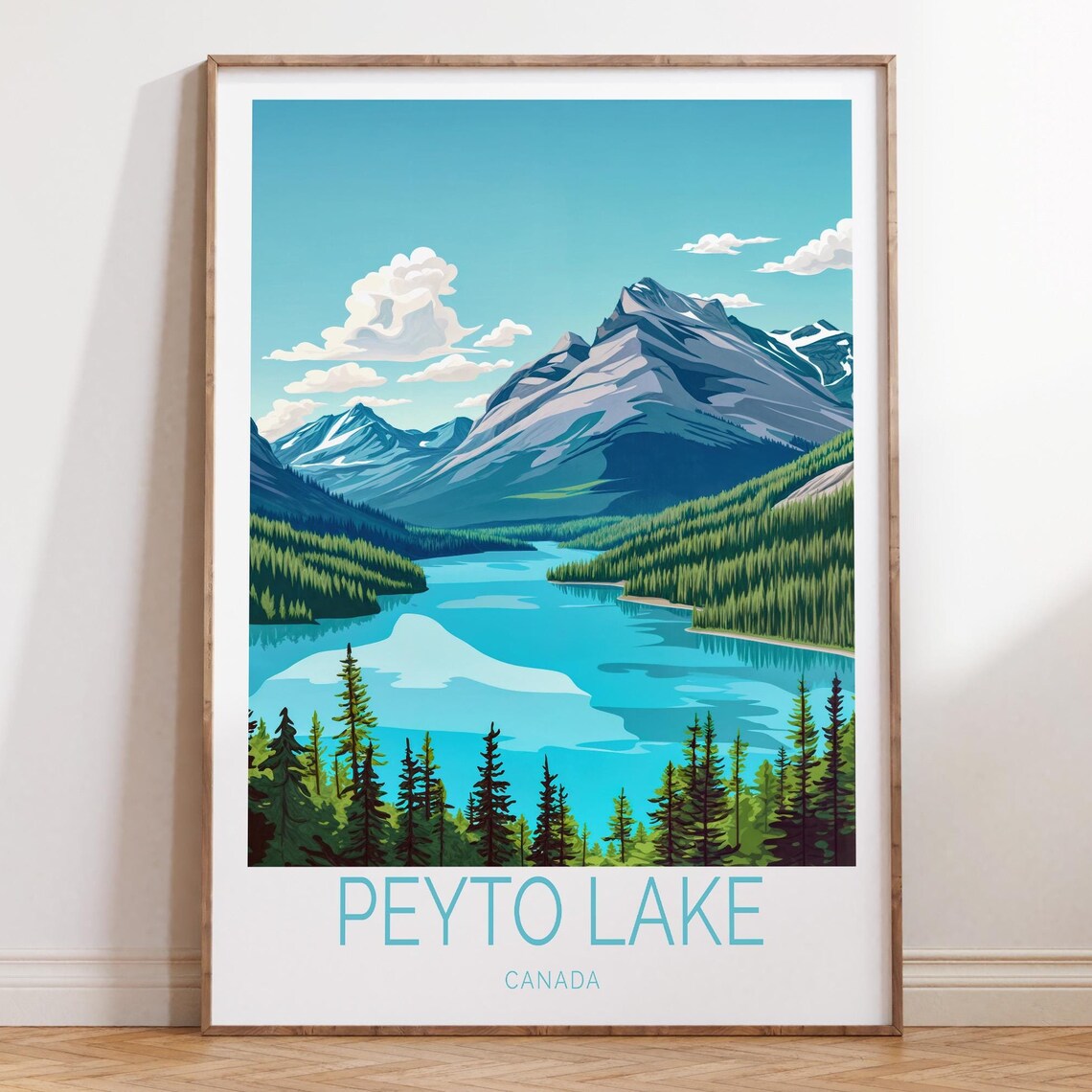 Peyto Lake Canada Travel Poster with Banff Blue Lake and Rocky Peaks