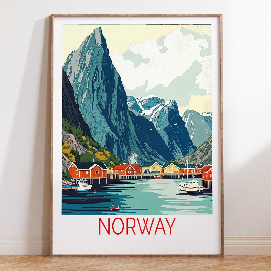 Norway Fjord Fishing Village Red Cabins and Harbor Boats Travel Poster