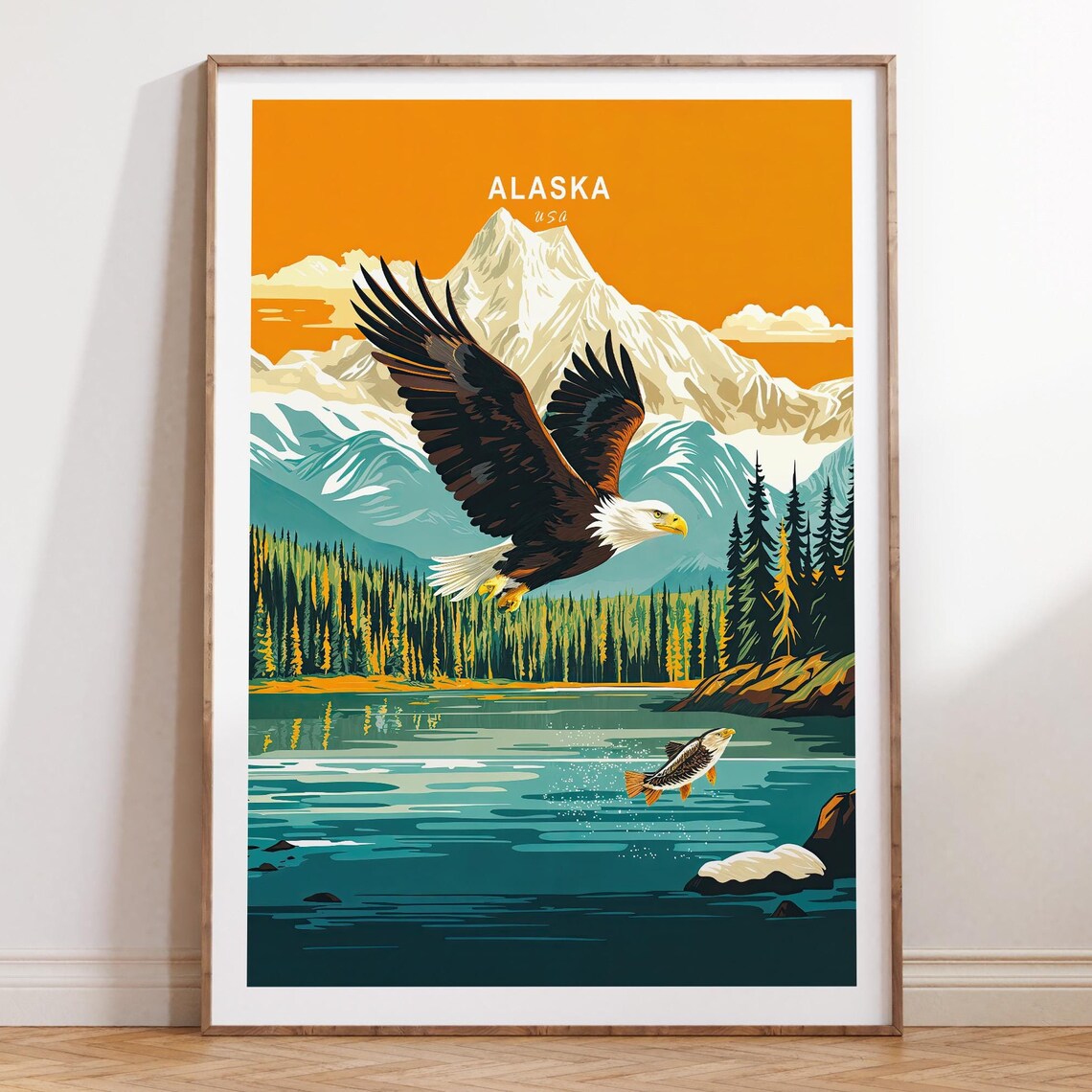 Alaska Bald Eagle Salmon Lake Snowy Mountain Wildlife Poster