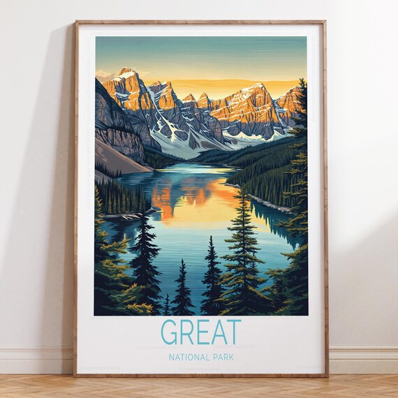 Great National Park Golden Sunrise Lake Reflection Travel Poster