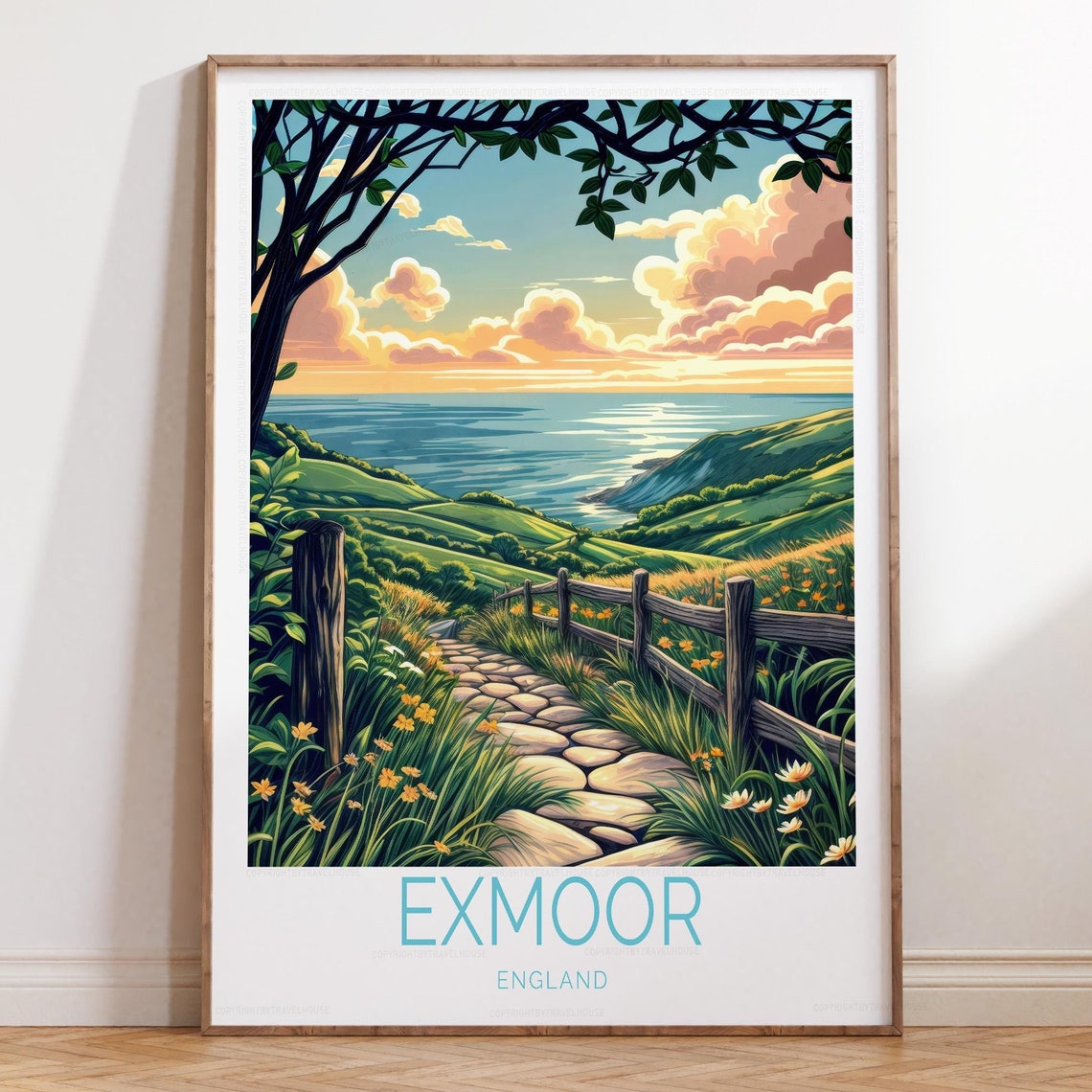 Exmoor England Coastal Walk Travel Poster Sunset Seaside Art