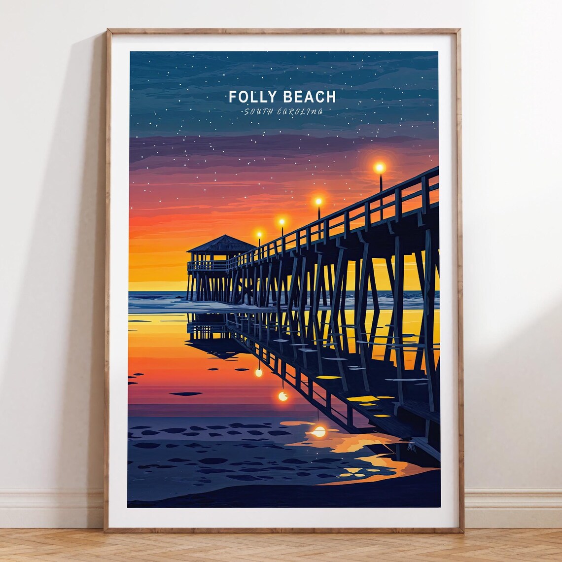 Folly Beach South Carolina Pier Sunset Reflection Travel Poster