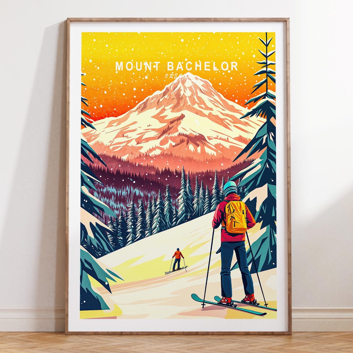 Mount Bachelor Oregon Snowfall Skiers Sunset Peak Art Poster