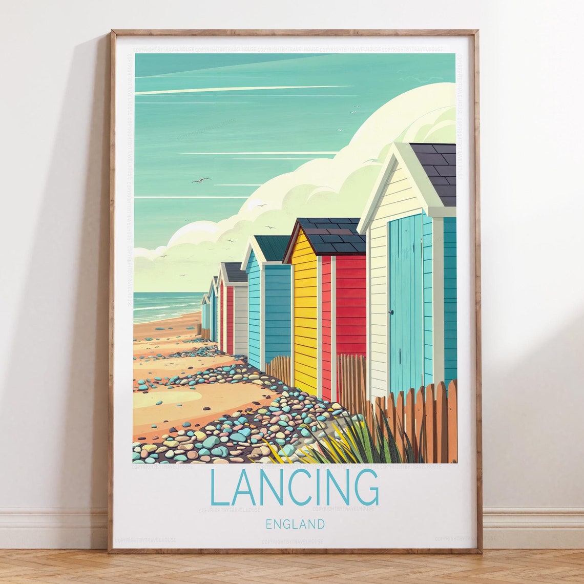 Lancing England Colorful Beach Huts Pebble Shore Travel Poster