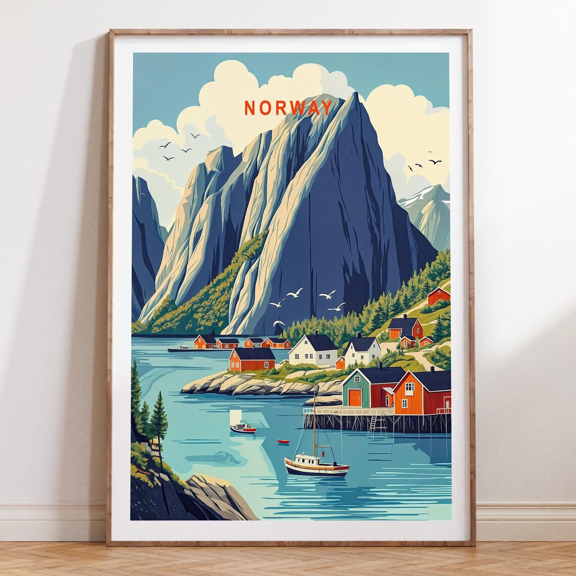 Norway Steep Mountain Peak Over Fjord Coastal Village Travel Poster