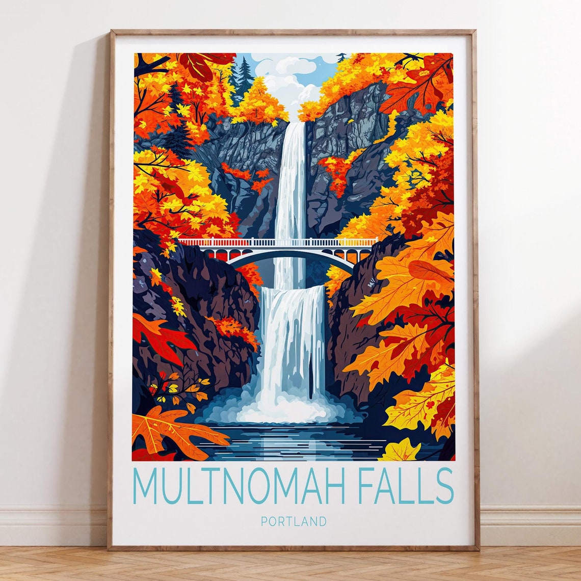 Multnomah Falls Portland Autumn Waterfall Bridge Travel Poster