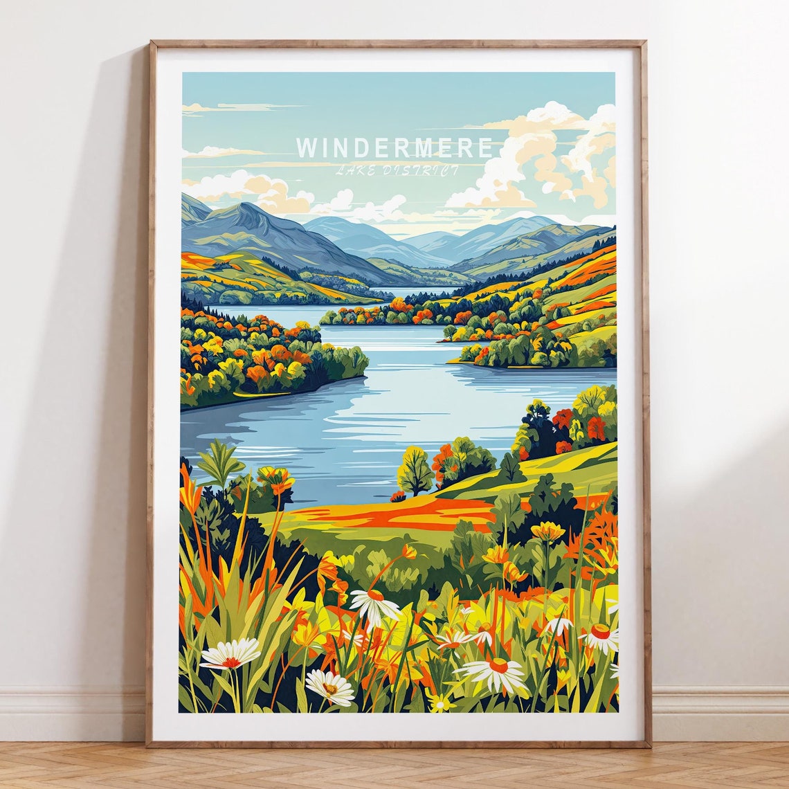 Windermere Lake District England Travel Poster With Autumn Wildflowers