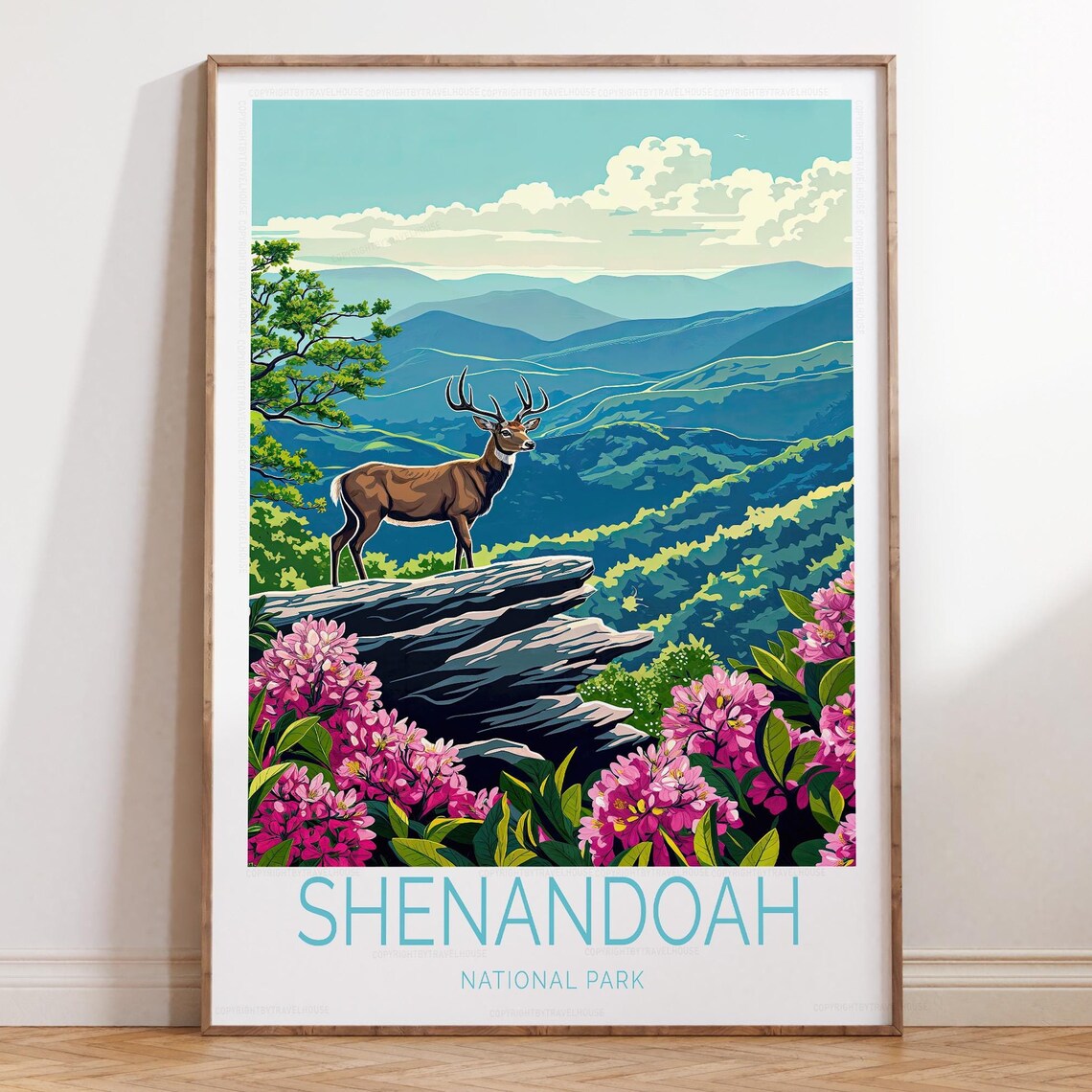 Shenandoah National Park Deer Overlook Pink Flowers Travel Poster