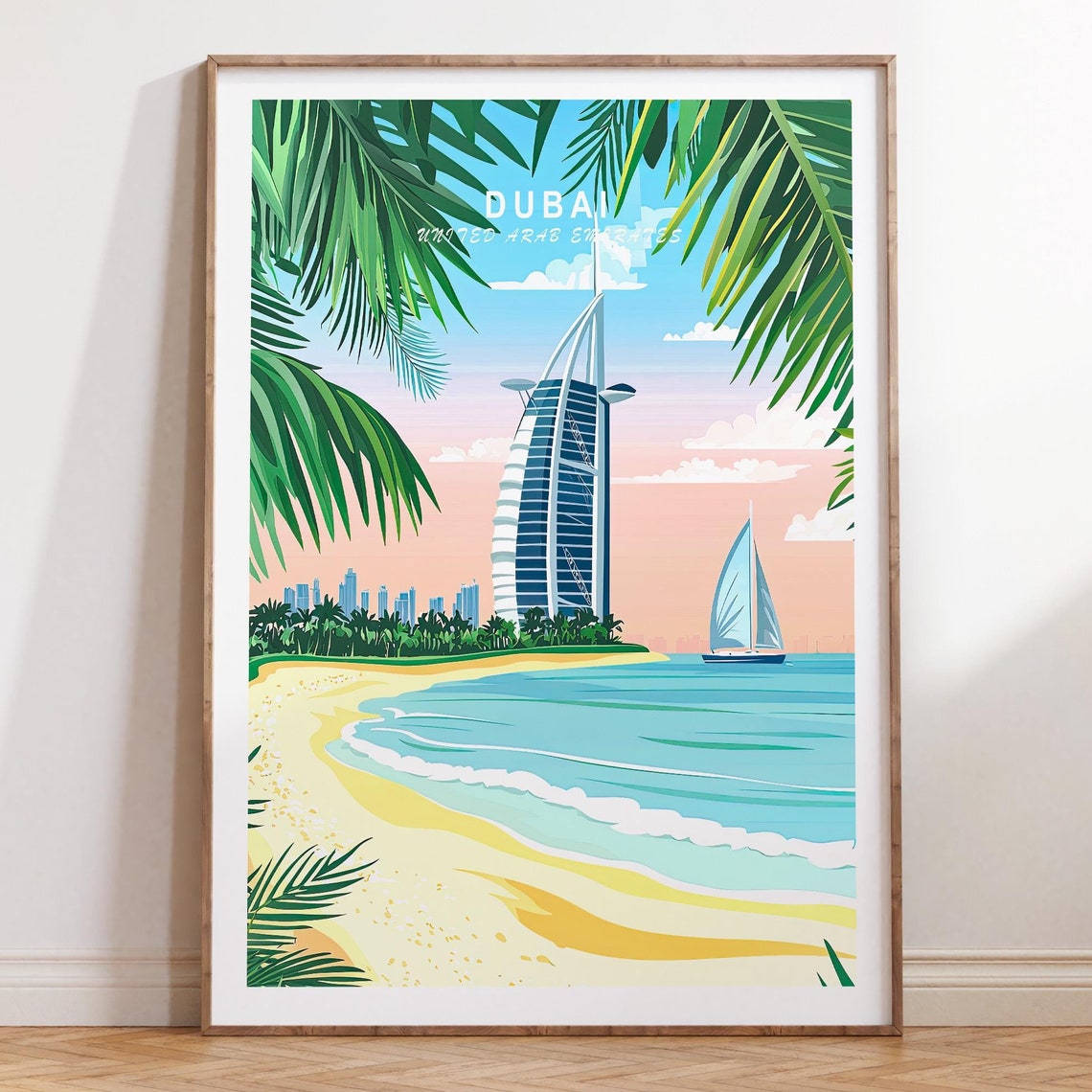 Dubai Pink Sunset Behind Burj Al Arab Framed By Palms Poster