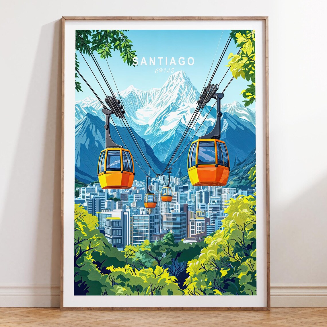 Santiago Chile Orange Cable Cars Andes Mountains Travel Poster