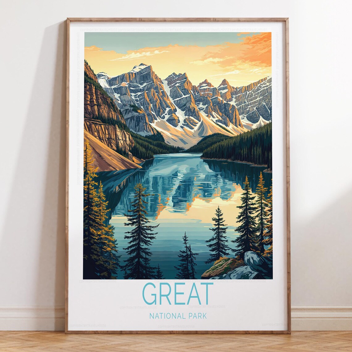 Great National Park Mirror Lake Peaks Golden Sunrise Travel Poster