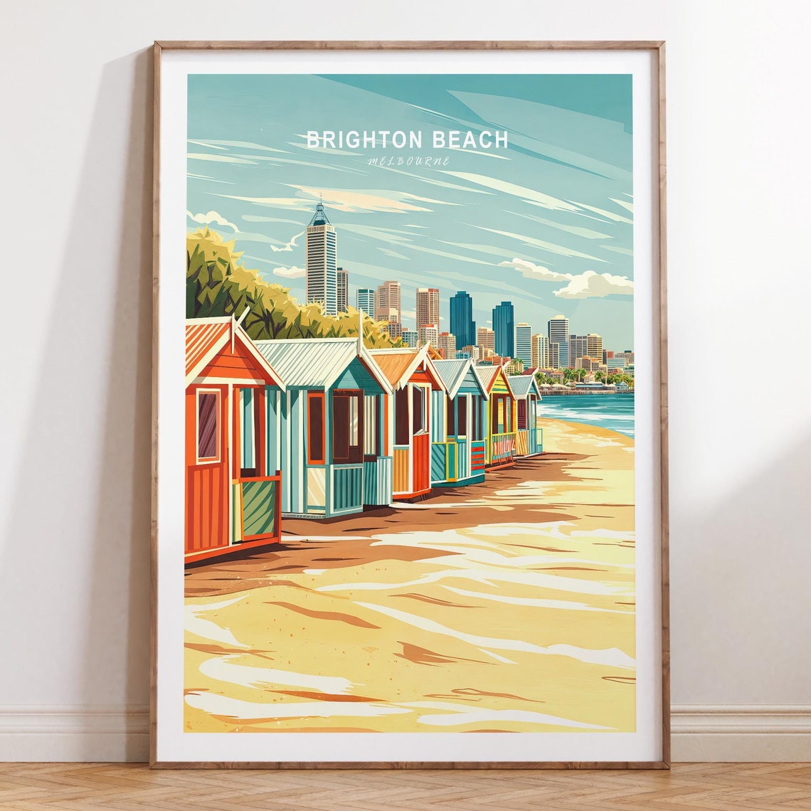 Brighton Beach Melbourne Bathing Boxes Skyline Retro Travel Poster