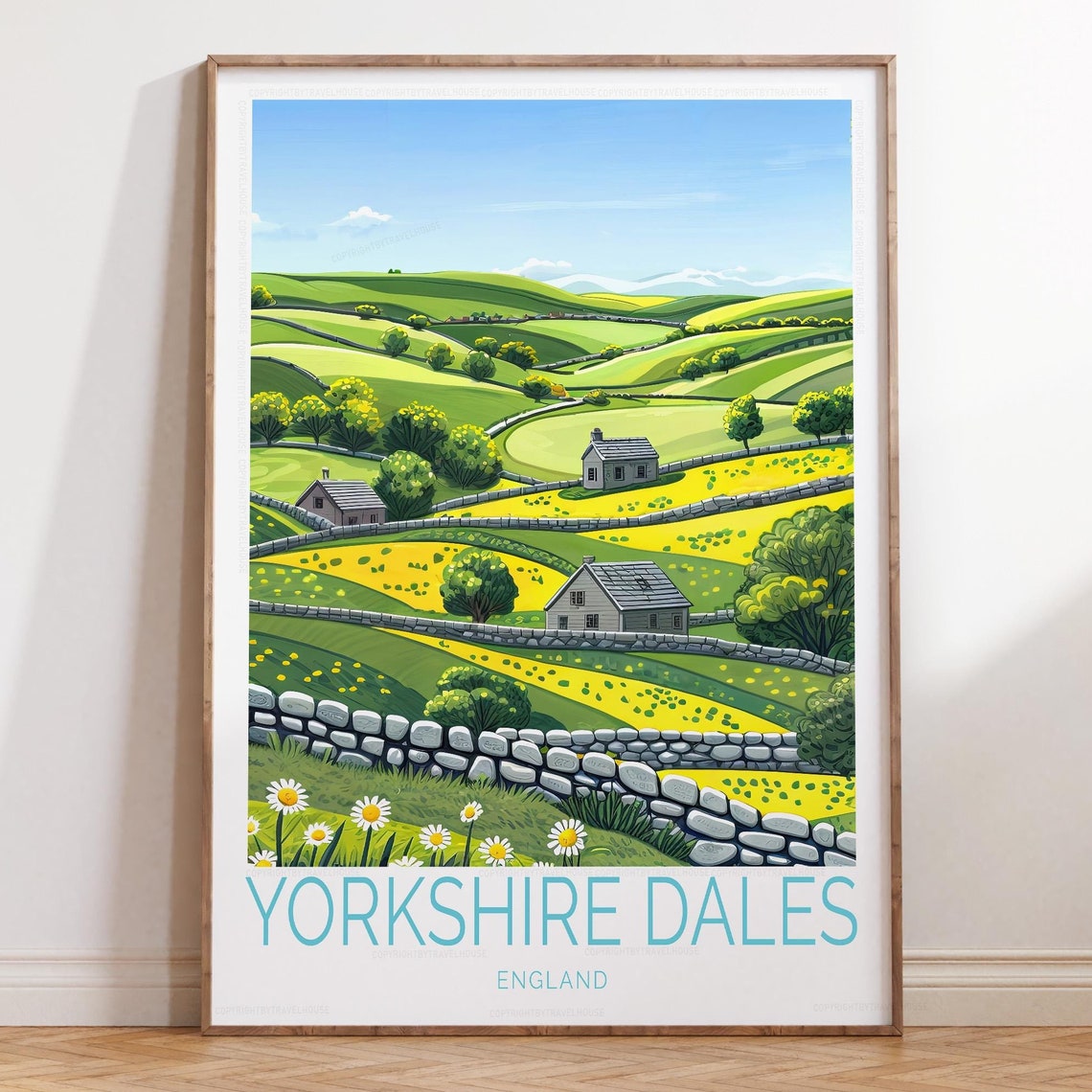 Yorkshire Dales England Travel Poster Rolling Hills Stone Walls Art