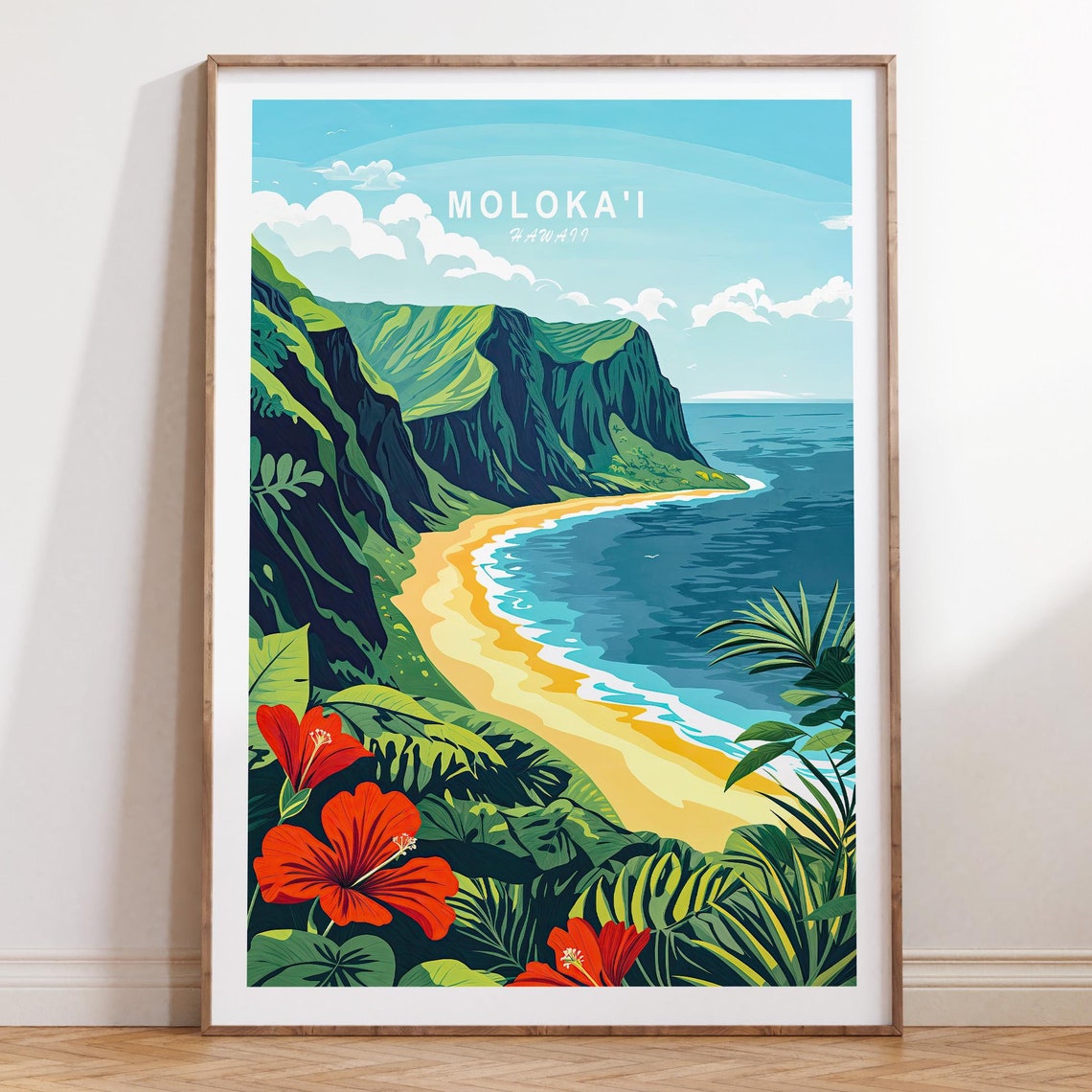Moloka'i Hawaii Dramatic Sea Cliffs Hibiscus Beach Scene Poster
