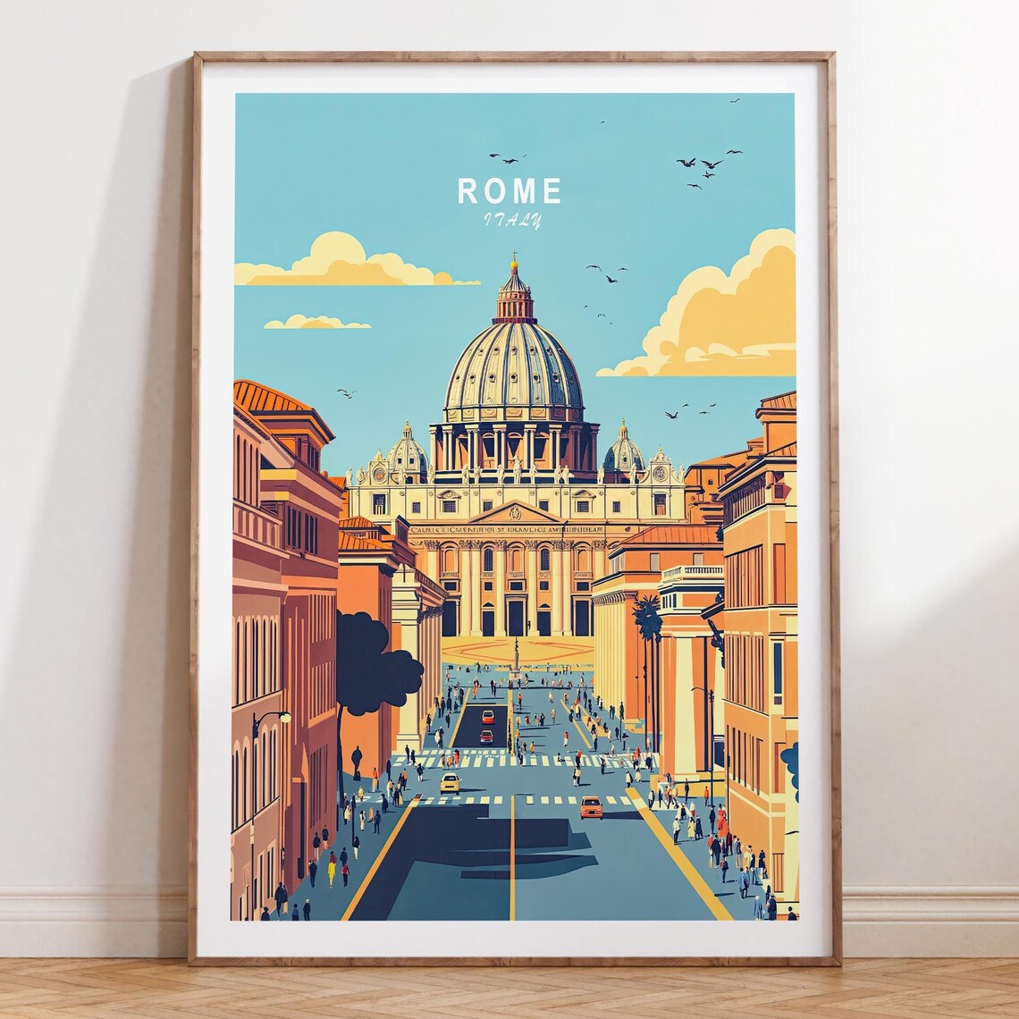 Rome Italy St Peters Basilica Busy Street Scene Travel Poster