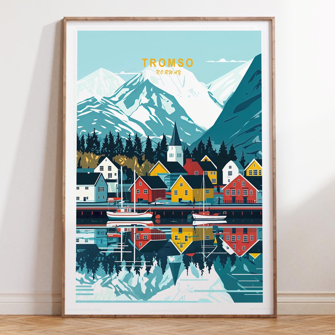Tromso Norway Arctic Harbor Colorful Houses Fjord Travel Poster