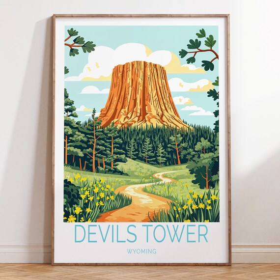 Devils Tower Wyoming Wildflower Meadow Path Retro Travel Poster