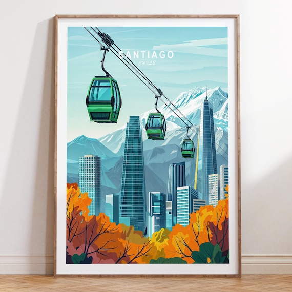 Santiago Chile Green Cable Cars Over City Skyline Travel Poster