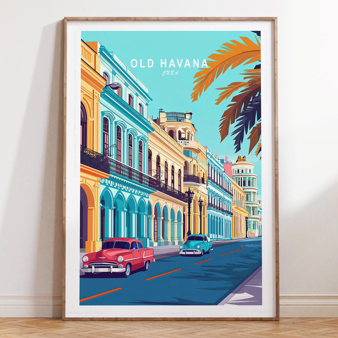 Colorful Old Havana Cuba Cars Pastel Facades Vertical Travel Poster