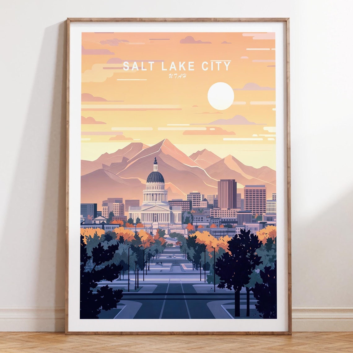 Salt Lake City Utah Sunset Capitol Mountain Skyline Travel Poster
