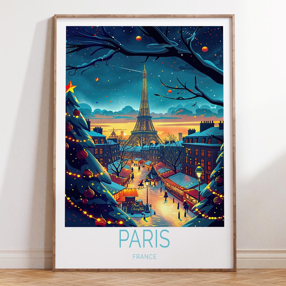 Paris France Christmas Night Market Eiffel Tower Travel Poster