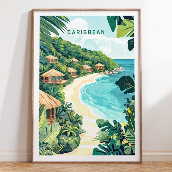 Caribbean Island Thatched Huts Tropical Beach Cove Travel Poster