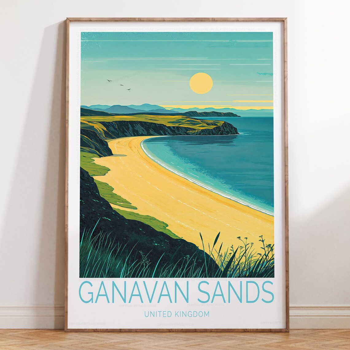 Ganavan Sands UK Golden Beach Cove Dreamy Retro Travel Poster