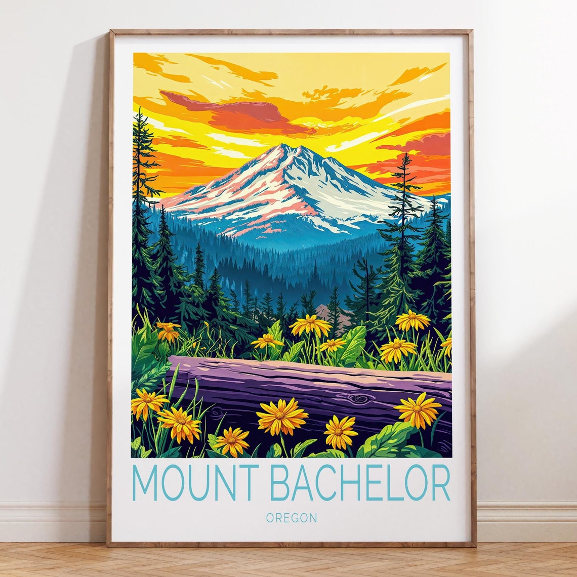 Mount Bachelor Oregon Sunrise Wildflower Meadow Retro Art Poster