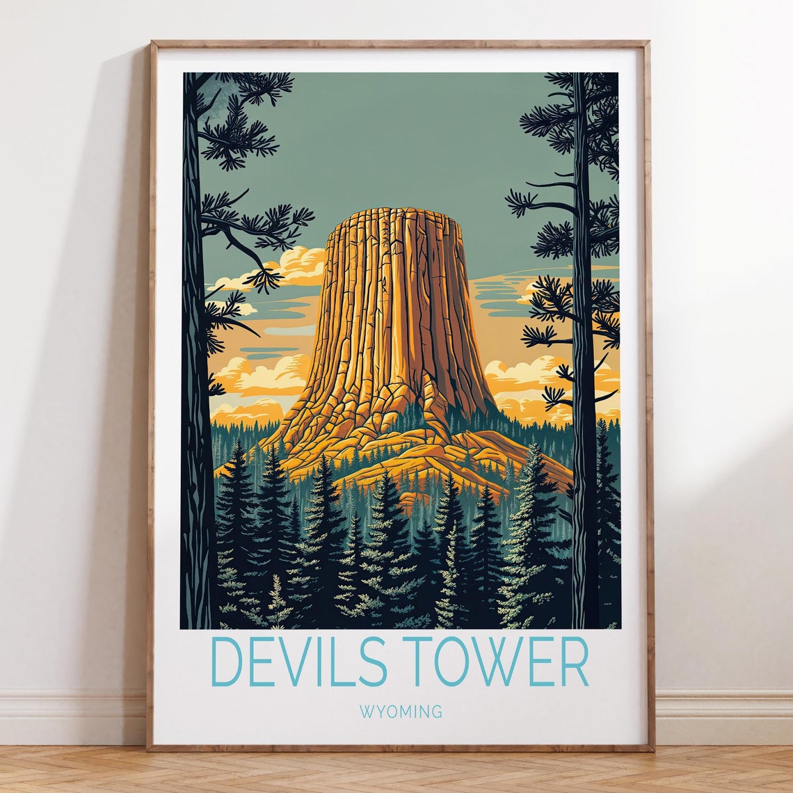 Devils Tower Wyoming Sunset Through Pine Forest Retro Travel Poster