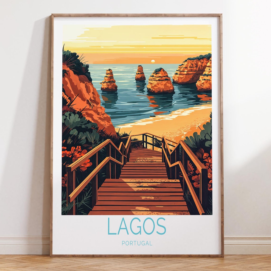 Lagos Portugal Sunset Sea Stacks Boardwalk Cliffs Travel Poster