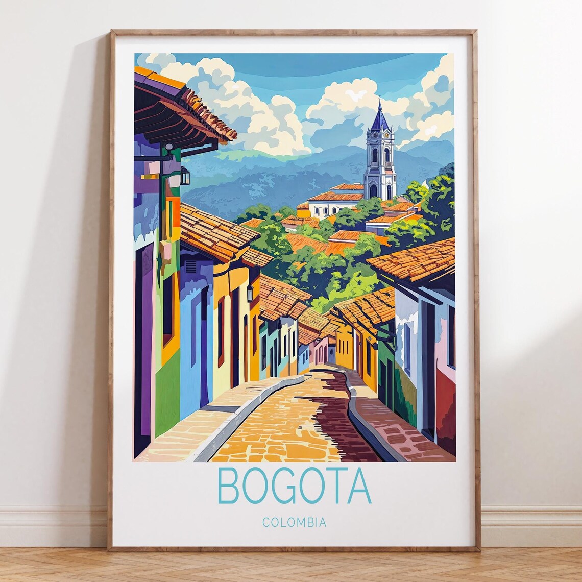 Bogota Colombia Colonial Street With Church Hills Travel Poster