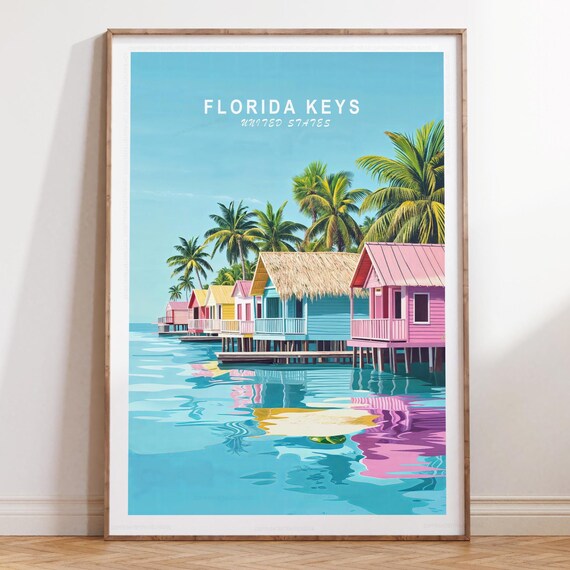 Florida Keys Pastel Stilt Houses Turquoise Water Travel Poster