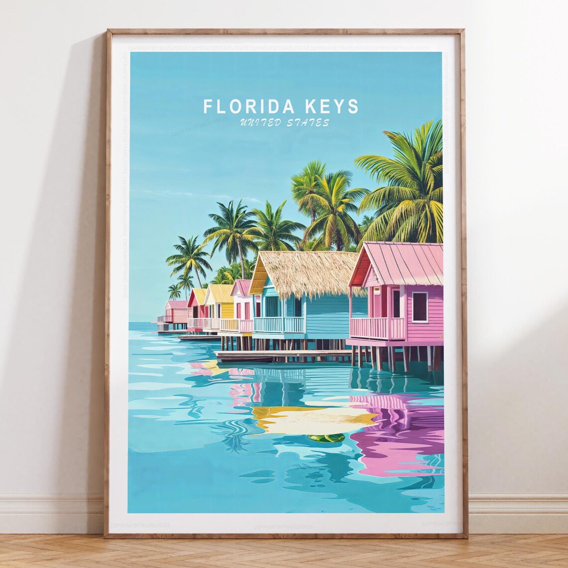 Florida Keys Pastel Stilt Houses Turquoise Water Travel Poster