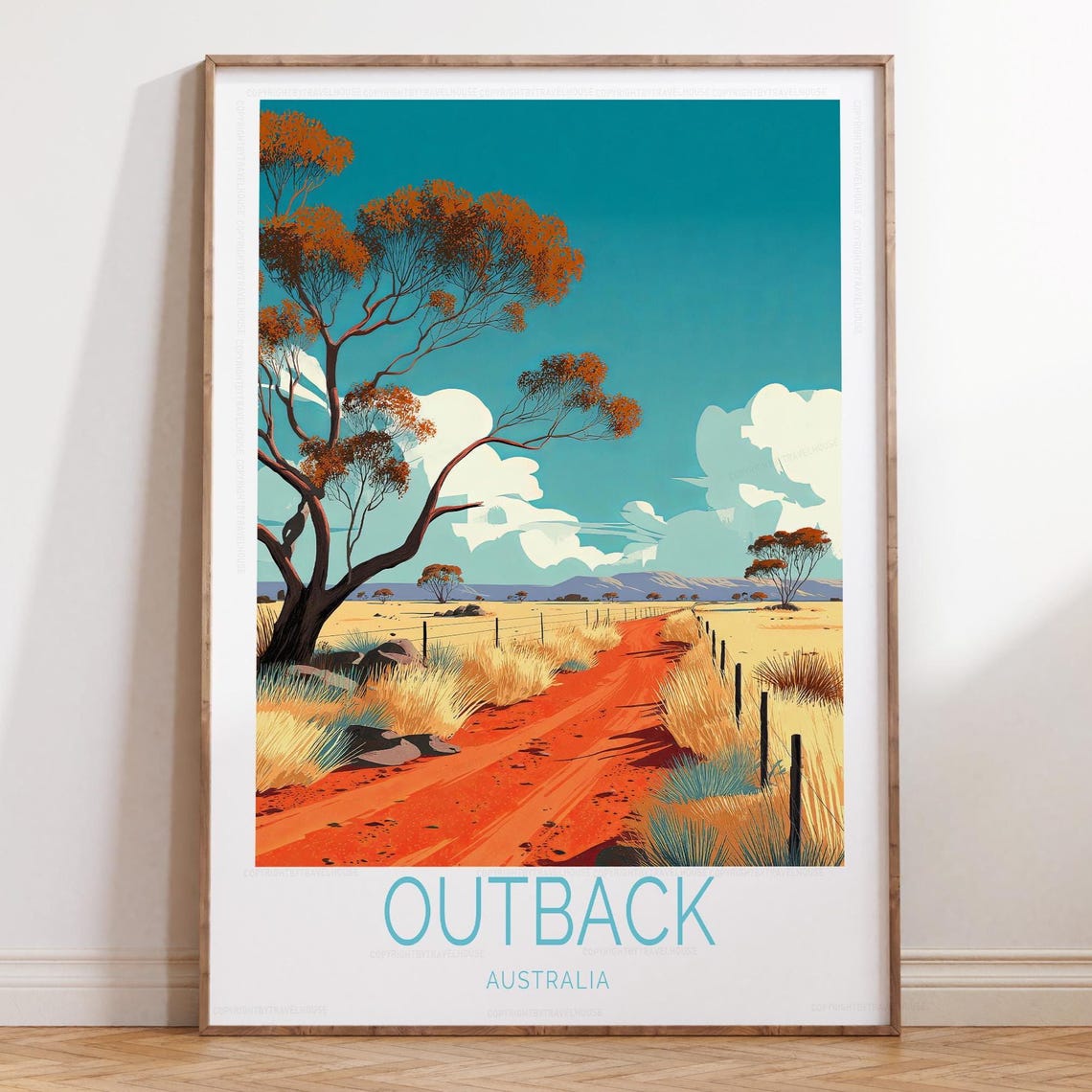 Outback Australia Red Dirt Road Ghost Gums Vintage Travel Poster