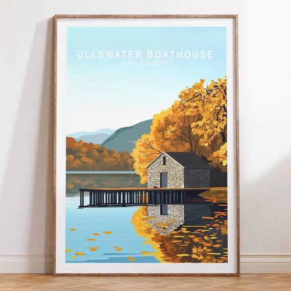 Ullswater Boathouse Lake District Stone Jetty Calm Water Minimalist Travel Poster