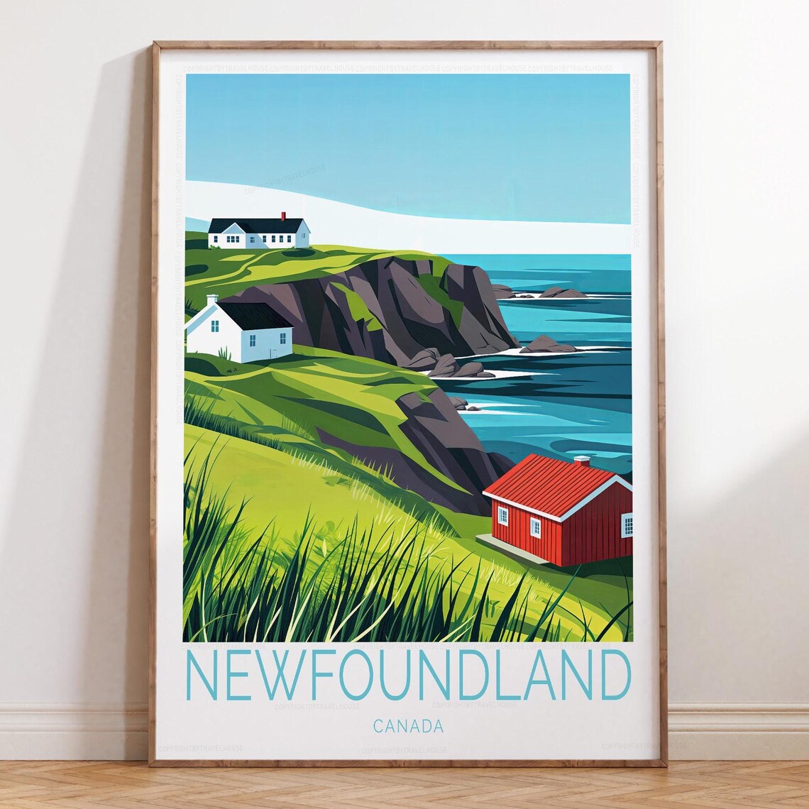Newfoundland Canada Green Cliffs Coastal Cottage Travel Poster