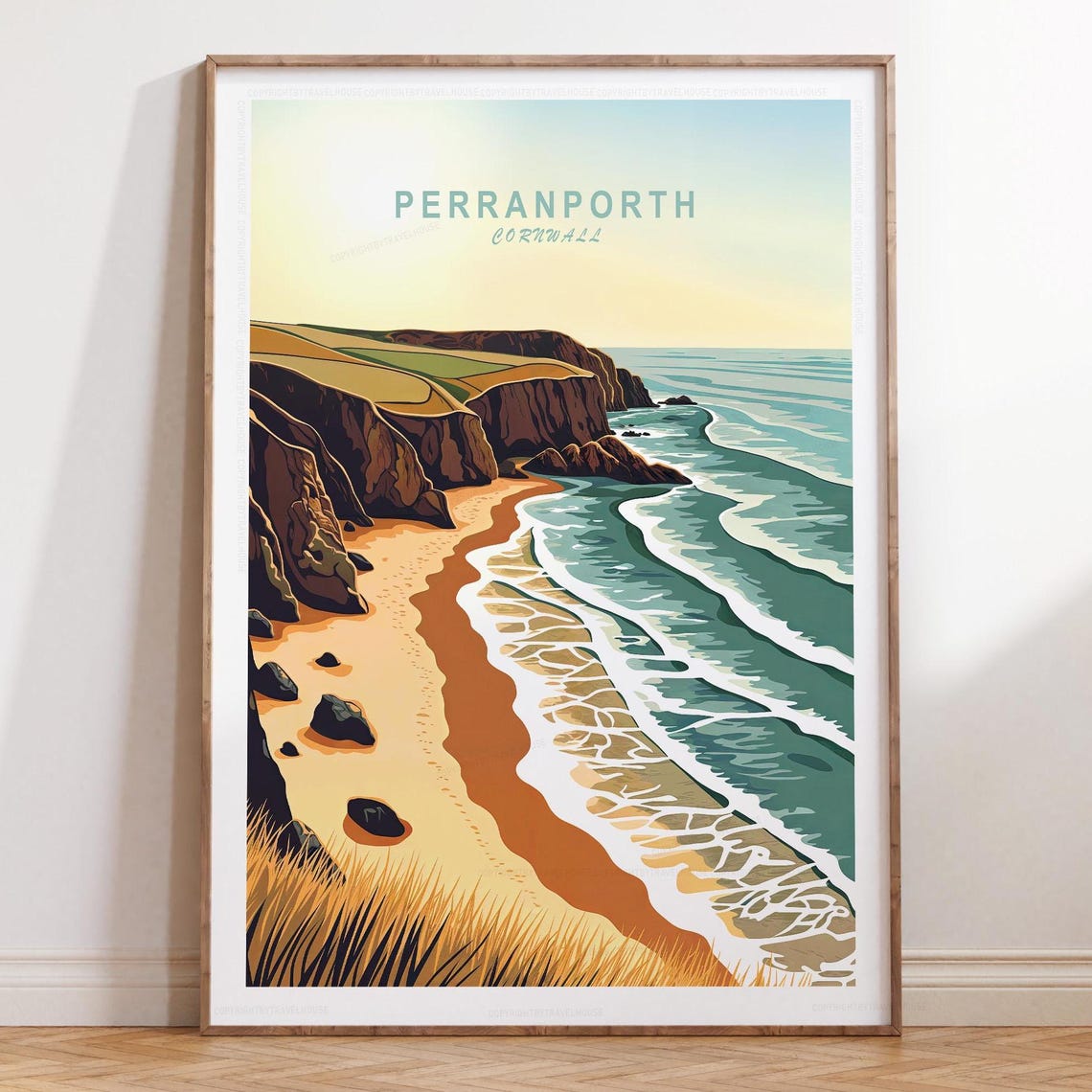 Perranporth Cornwall Warm Sunset Beach Cliffs Vintage Travel Poster