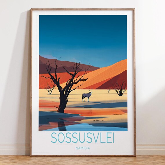 Sossusvlei Namibia Desert Lagoon Dead Trees Oryx Retro Travel Poster