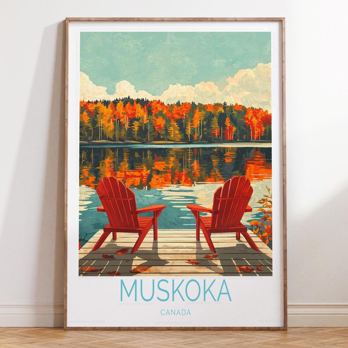 Muskoka Canada Autumn Lake Dock Red Chairs Fall Travel Poster