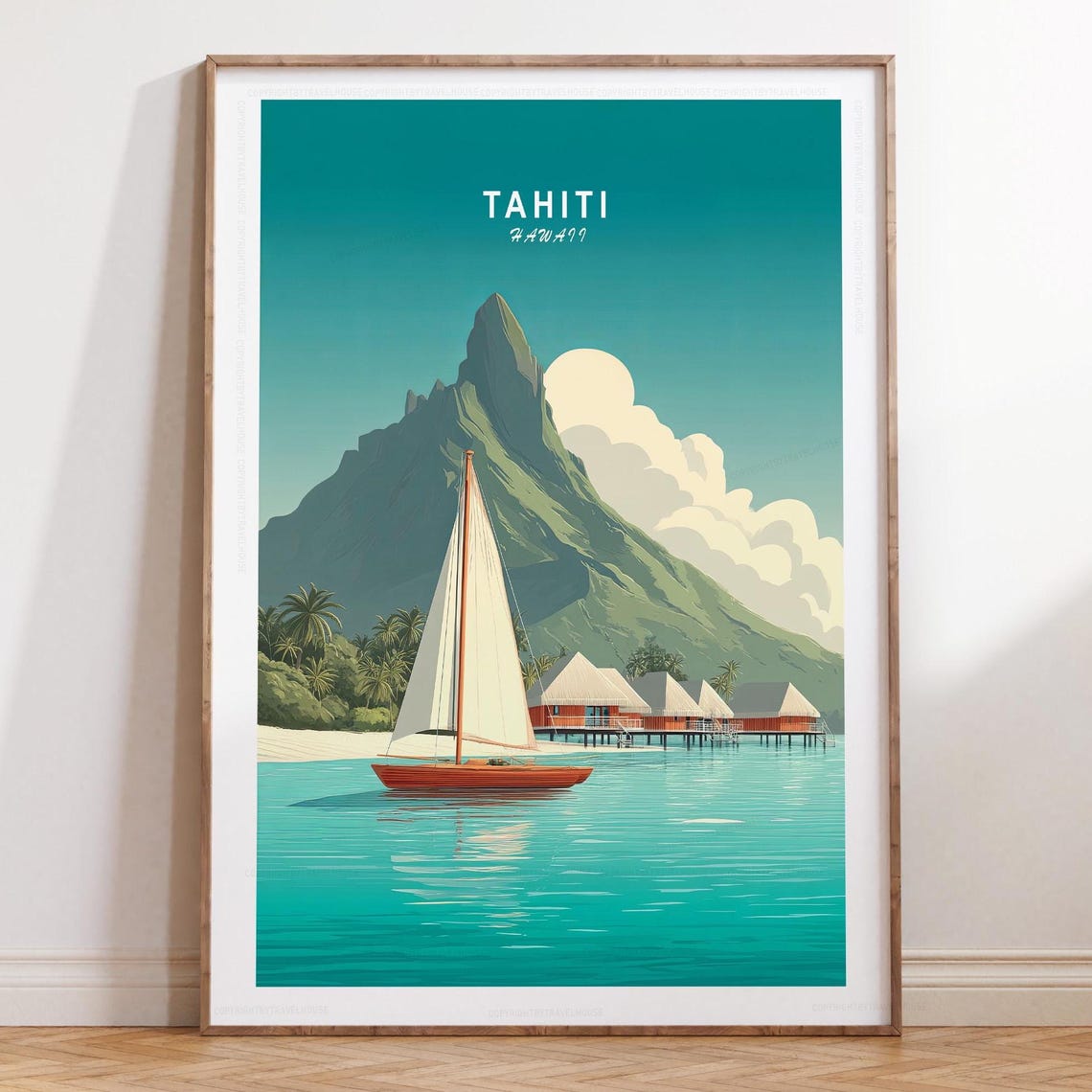 Tropical Tahiti Sailboat Overwater Bungalow Volcanic Peak Poster