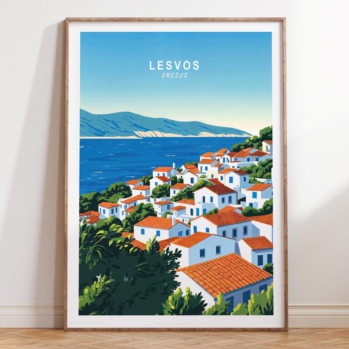 Lesvos Greece White Village Red Roofs Aegean Sea Travel Poster